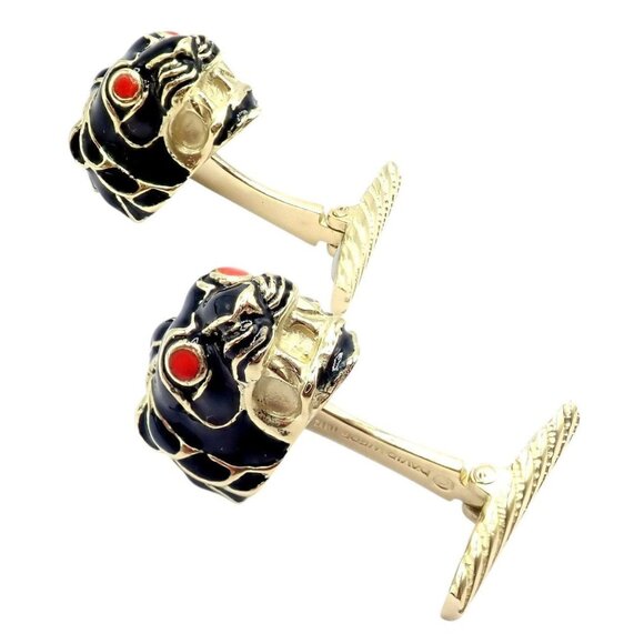 Vintage! David Webb 18k Yellow Gold Black Enamel Lion Cufflinks - Picture 1 of 13